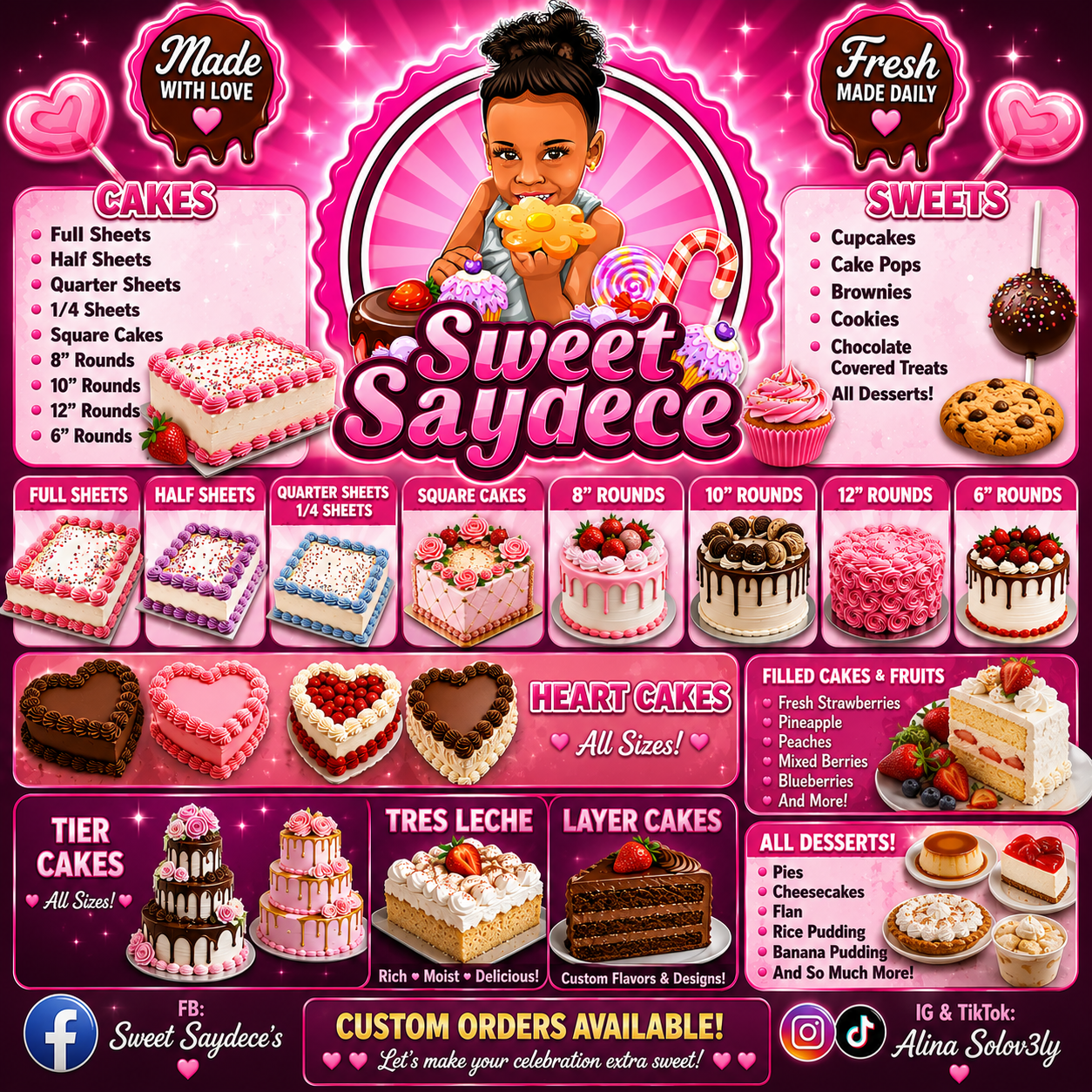 Sweet Saydece's cake and dessert menu